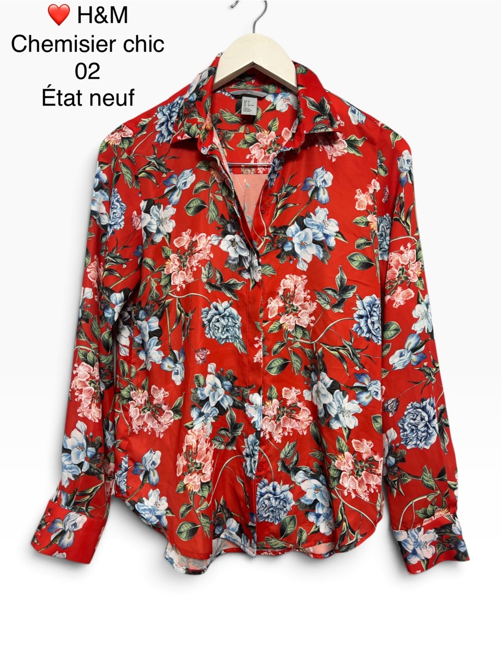 H&M Red Floral Button-Down Long Sleeve Blouse